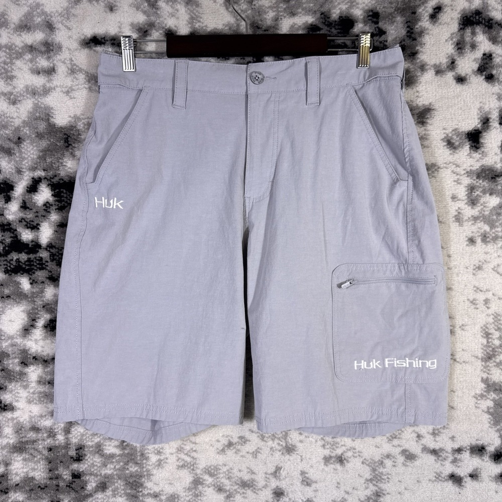 Huk Fishing Shorts Mens Size Large Cargo Gray Performance Stretch Outdoors Zip
